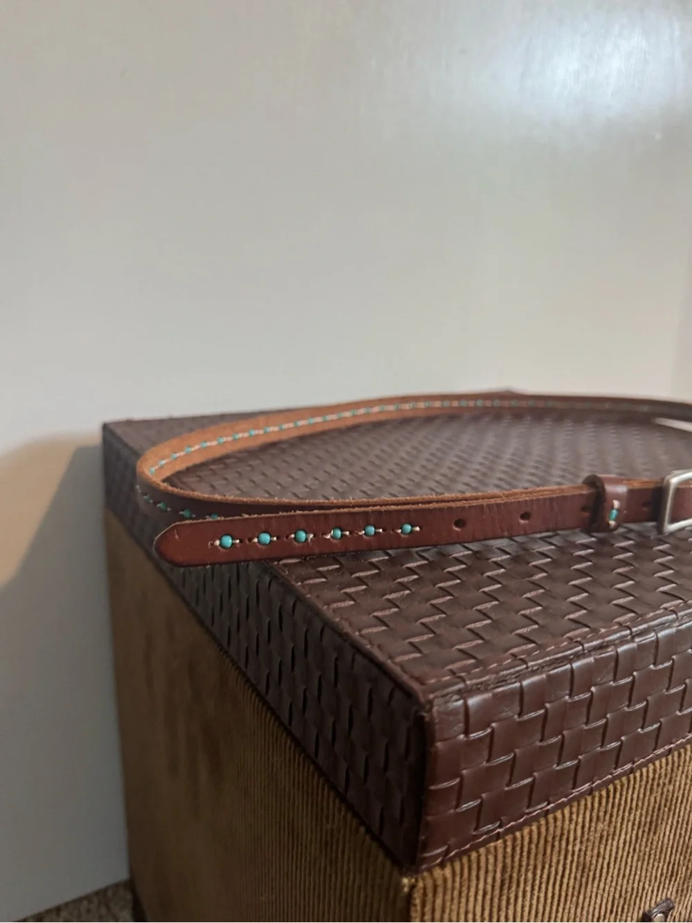 Thin Brown Leather Belt with Turquoise Beaded stitching